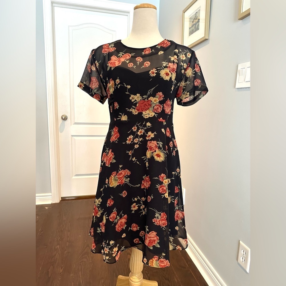 Navy Blue & Red Pink Floral Chiffon  Baby Doll Dress